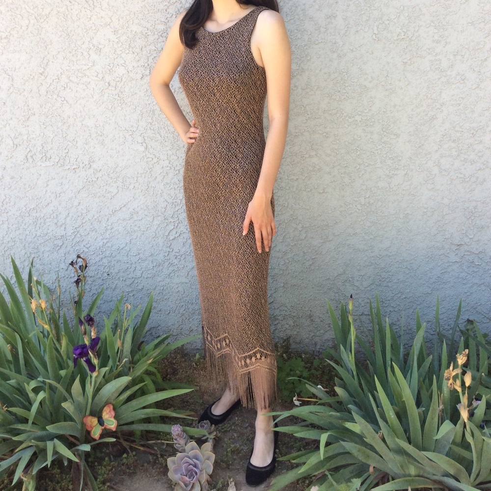 Vintage Harlow Crochet Knit Swanky Fringe Long Maxi Dress 👗 Evening Party Gown